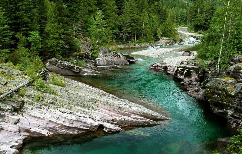 River Flowing Through Canyon — Green, Serene, Afternoon, Photograph, Trees, Rocks, Water