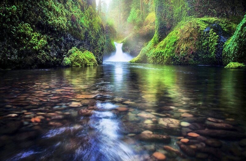 River Flowing Through Canyon — Green, Serene, Morning, Photograph