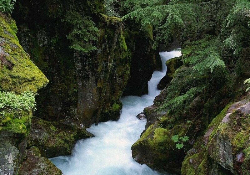 River Flowing Through Canyon — Green, Serene, Photograph