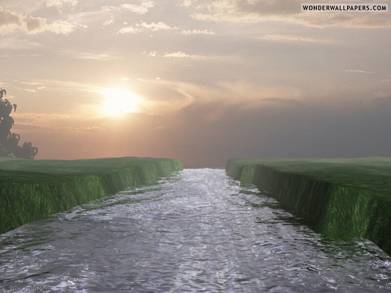 River Flowing Through Canyon — Green, Serene, Sunset