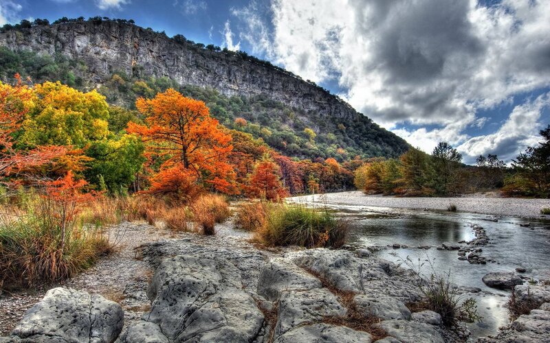 River Flowing Through Canyon — Orange, Dramatic, Autumn, Photograph