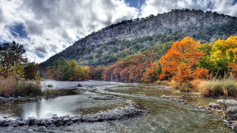 River Flowing Through Canyon — Orange, Dramatic, Autumn, Photograph, Trees