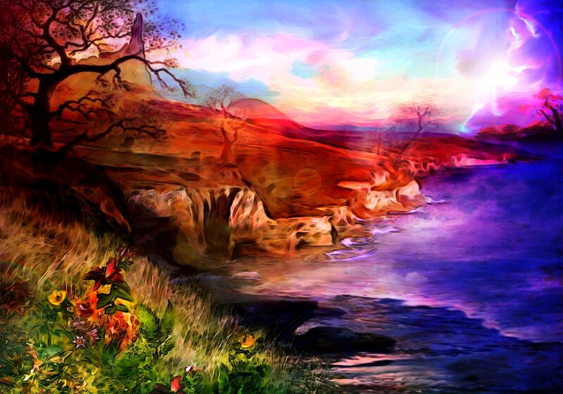 River Flowing Through Canyon — Purple, Dramatic, Sunset