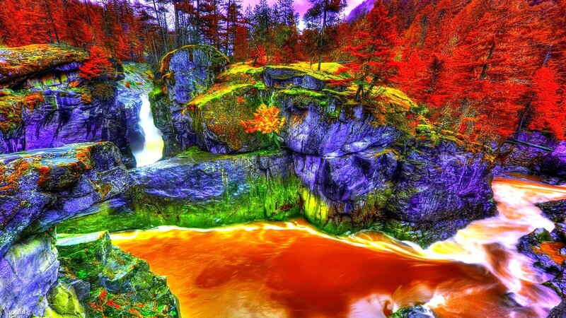 River Flowing Through Canyon — Red, Dramatic, Autumn, Digital Art