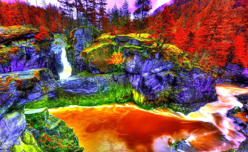 River Flowing Through Canyon — Red, Dramatic, Autumn
