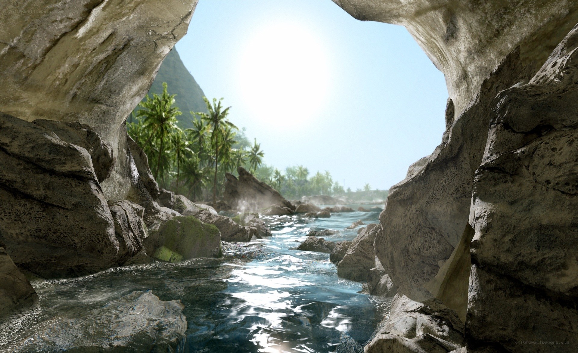 river flowing through cave