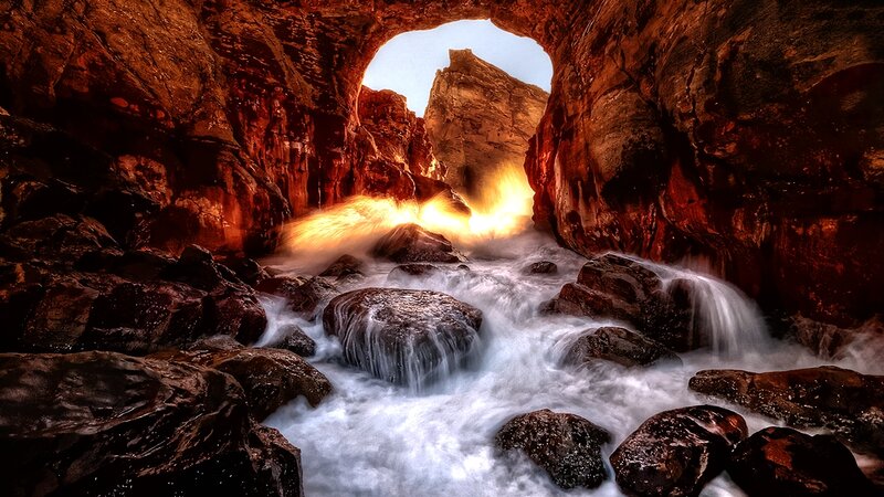 River Flowing Through Cave — Brown, Dramatic