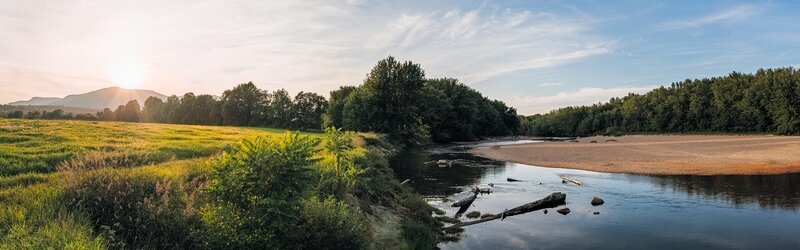 River Flowing Through Field — Green, Serene