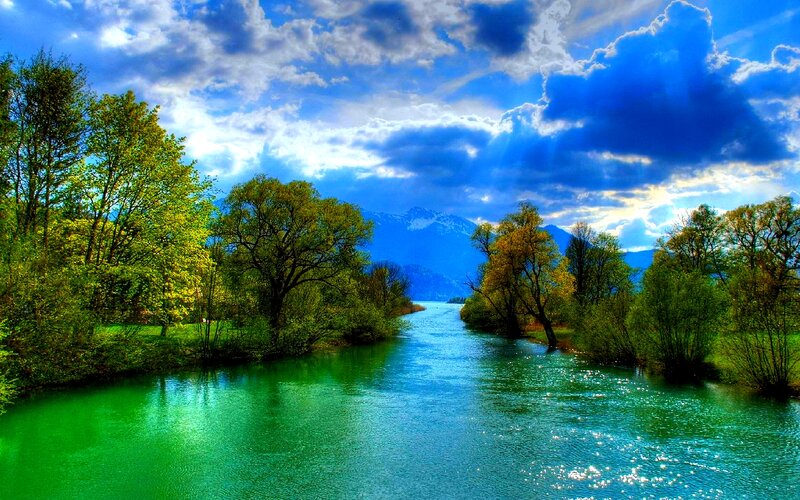 River Flowing Through Forest — Blue, Dramatic, Afternoon