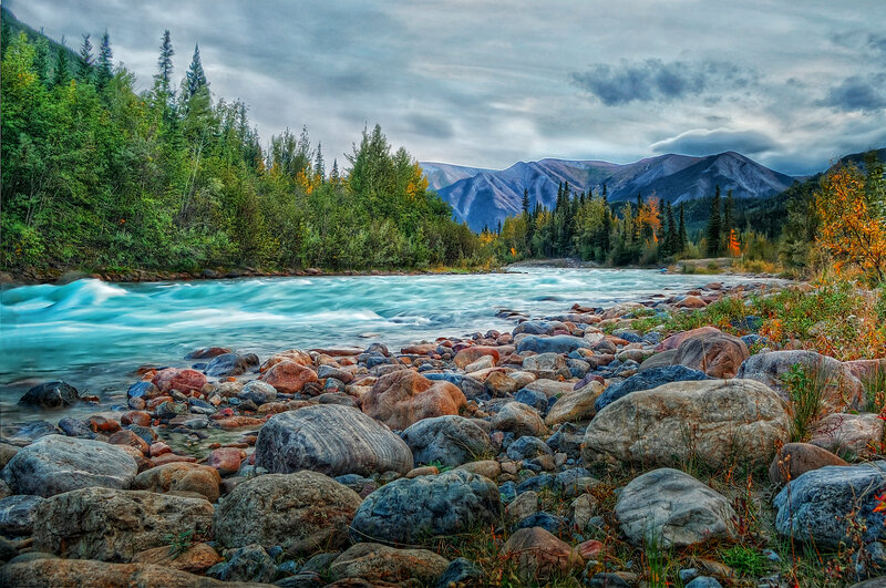 River Flowing Through Forest — Blue, Dramatic, Autumn