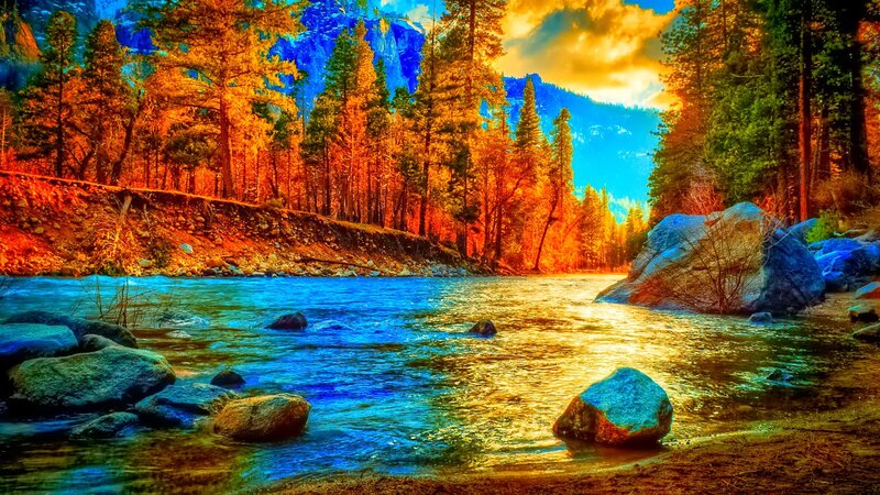 River Flowing Through Forest — Blue, Dramatic, Sunset, Photograph, Trees