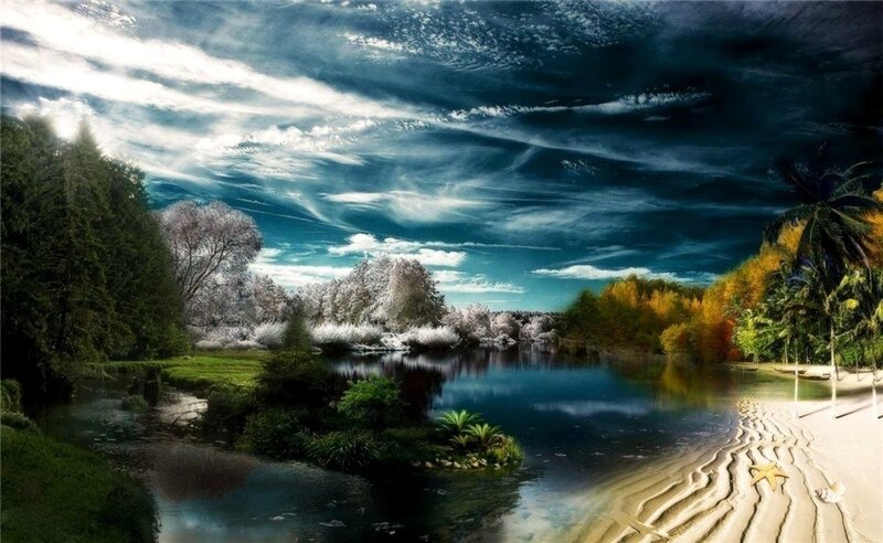 River Flowing Through Forest — Blue, Dramatic