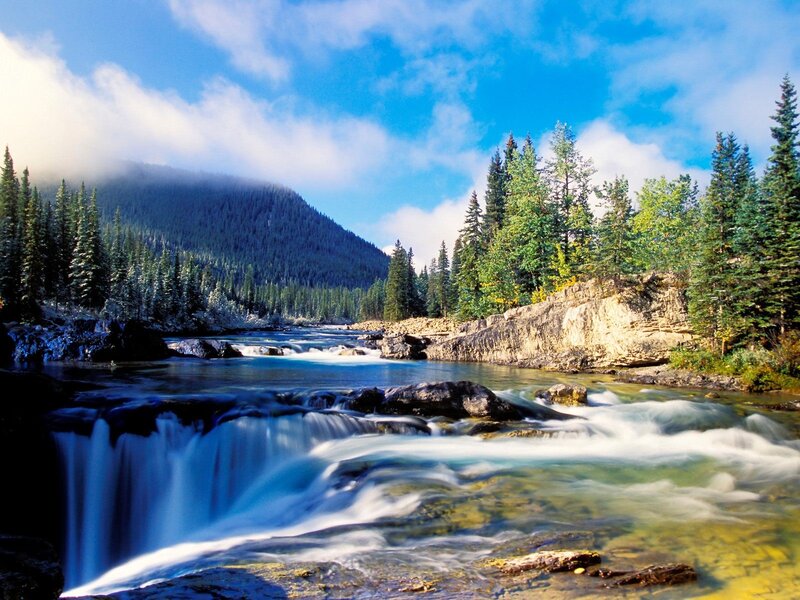 River Flowing Through Forest — Blue, Mountain