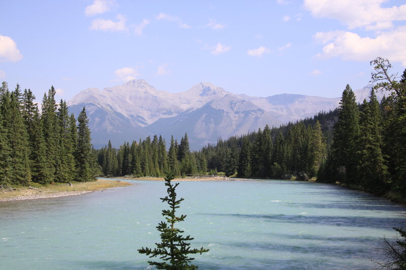 River Flowing Through Forest — Blue, Serene, Afternoon, Photograph, Mountains, Trees