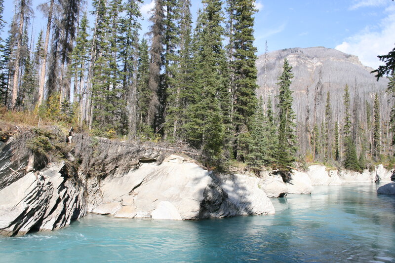 River Flowing Through Forest — Blue, Serene, Afternoon, Photograph, Trees, Mountain