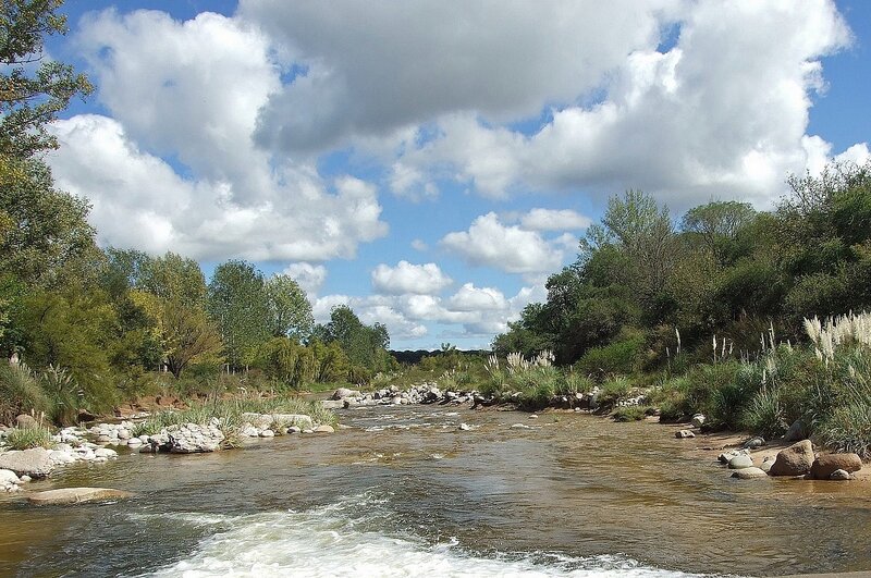 River Flowing Through Forest — Blue, Serene, Afternoon, Photograph, Trees, Rocks, Clouds
