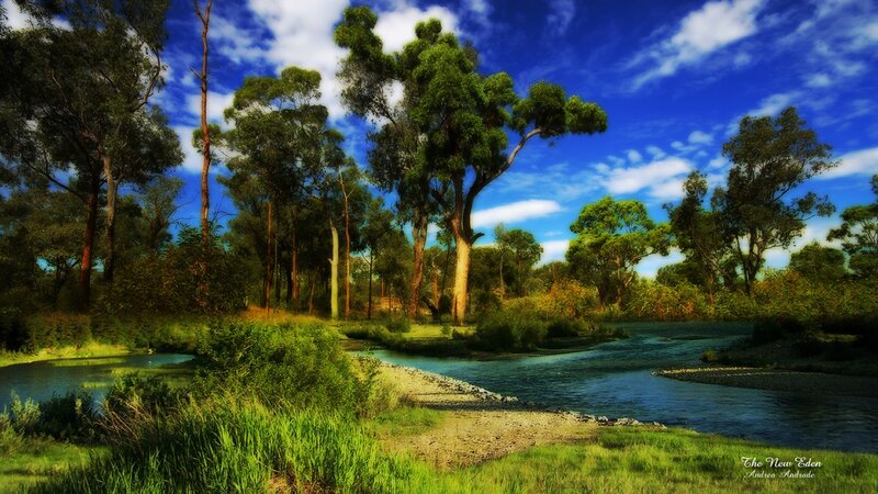 River Flowing Through Forest — Blue, Serene, Afternoon