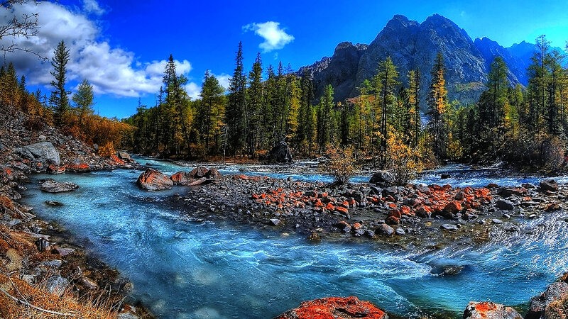 River Flowing Through Forest — Blue, Serene, Autumn, Photograph, Mountains