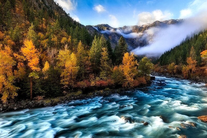 River Flowing Through Forest — Blue, Serene, Autumn, Photograph, Mountains, Trees