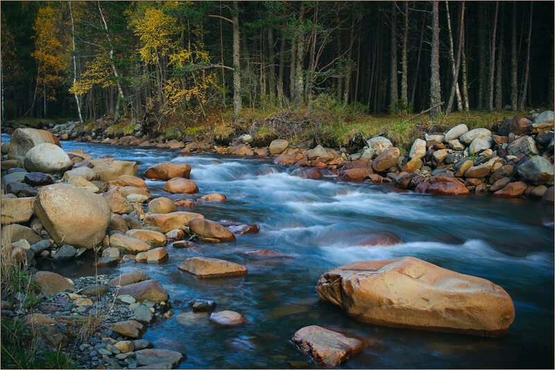 River Flowing Through Forest — Blue, Serene, Autumn, Photograph, Rocks, Trees