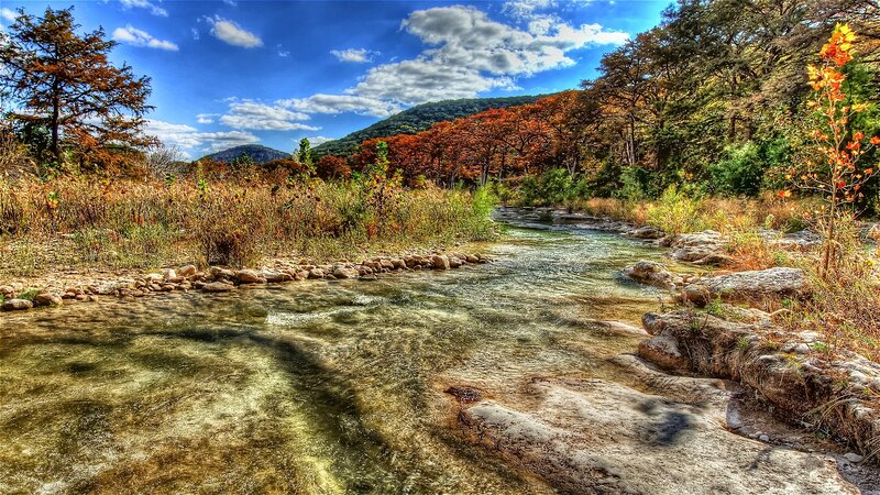 River Flowing Through Forest — Blue, Serene, Autumn, Photograph, Trees, Mountain