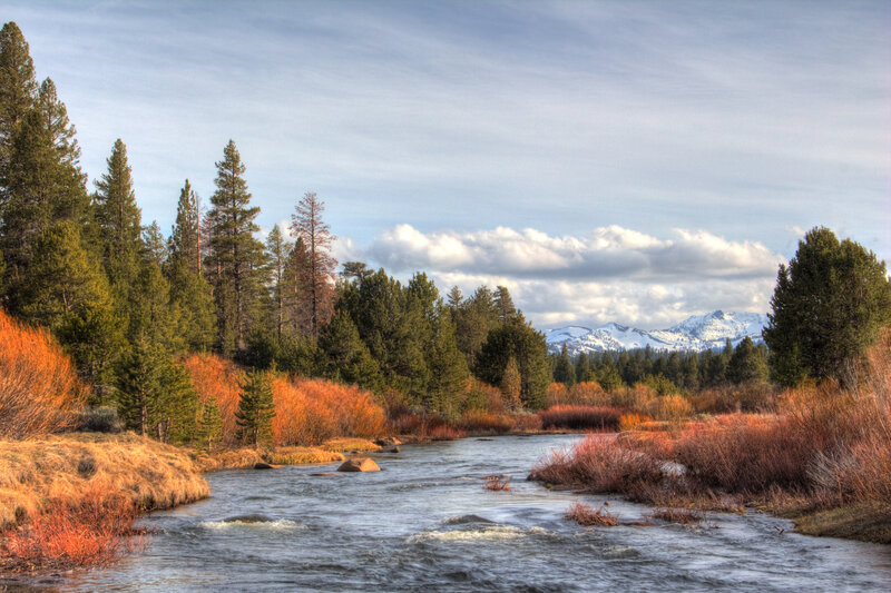 River Flowing Through Forest — Blue, Serene, Autumn, Photograph, Trees, Mountains