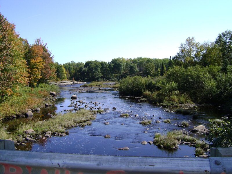 River Flowing Through Forest — Blue, Serene, Autumn, Photograph, Trees, Rocks, Bridge