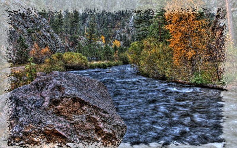 River Flowing Through Forest — Blue, Serene, Autumn, Photograph, Trees, Rocks, Stream, Green, Brown