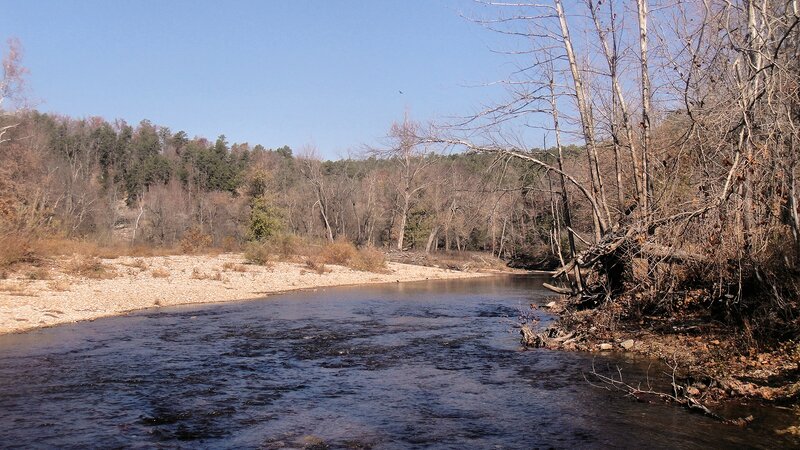 River Flowing Through Forest — Blue, Serene, Autumn, Photograph, Trees, Sky
