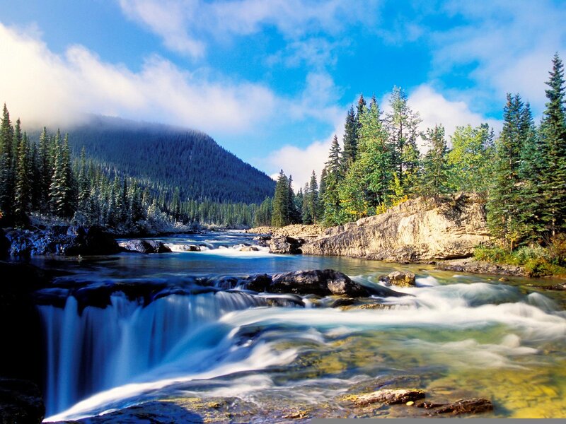 River Flowing Through Forest — Blue, Serene, Morning, Photograph, Mountain, Trees