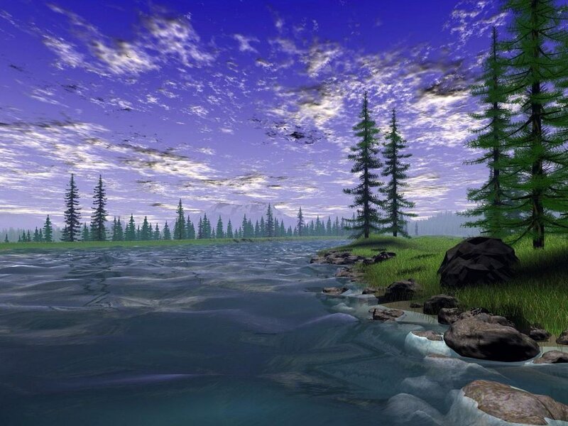River Flowing Through Forest — Blue, Serene, Night, 3d Render, Trees