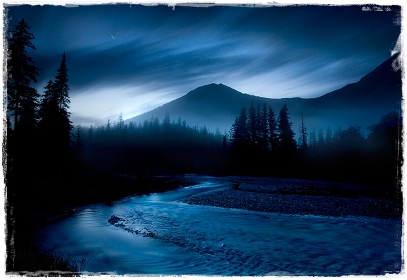 River Flowing Through Forest — Blue, Serene, Night, Photograph