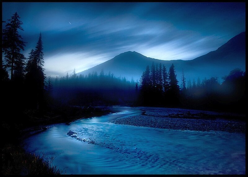 River Flowing Through Forest — Blue, Serene, Night