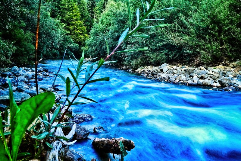 River Flowing Through Forest — Blue, Serene, Photograph, Trees