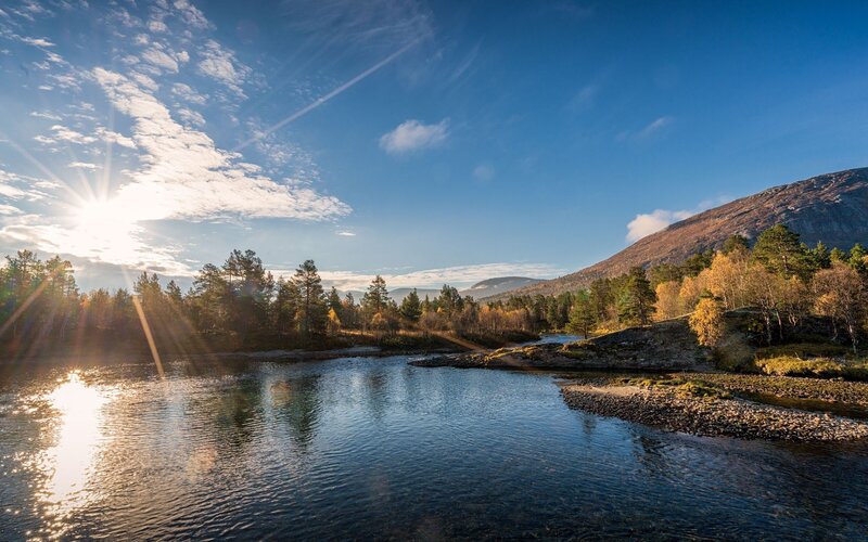 River Flowing Through Forest — Blue, Serene, Sunset, Photograph, Sun