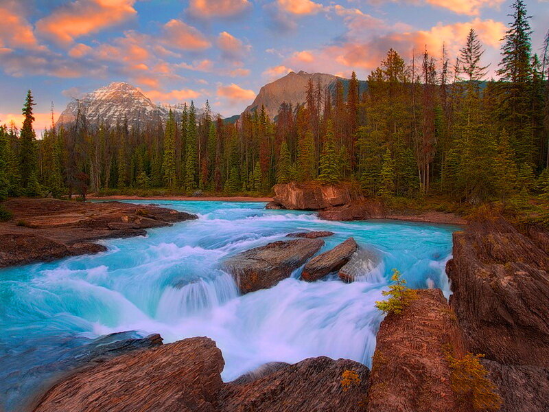 River Flowing Through Forest — Blue, Serene, Sunset, Photograph