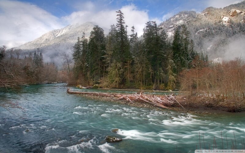 River Flowing Through Forest — Blue, Serene, Winter, Photograph, Mountains
