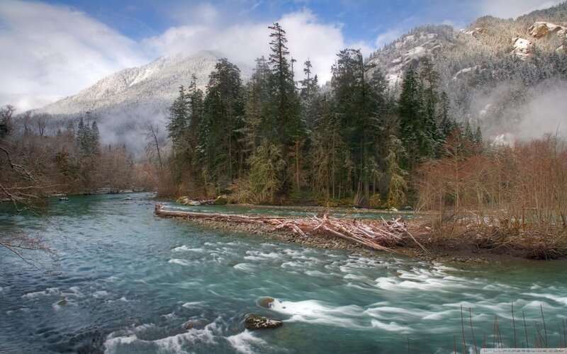 River Flowing Through Forest — Blue, Serene, Winter, Photograph, Mountains, Trees