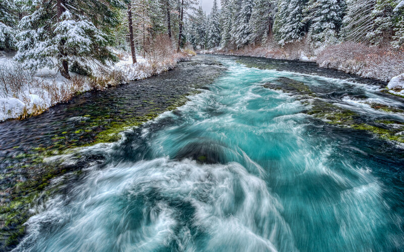 River Flowing Through Forest — Blue, Serene, Winter, Photograph, Snow