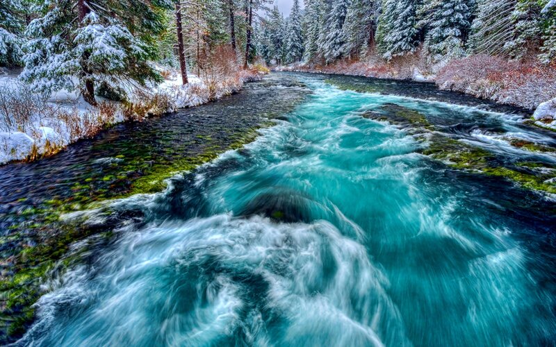 River Flowing Through Forest — Blue, Serene, Winter, Photograph, Snow, Trees