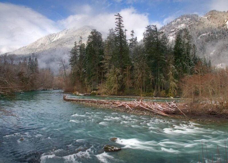 River Flowing Through Forest — Blue, Serene, Winter, Photograph