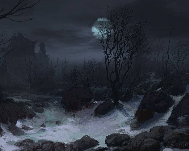 River Flowing Through Forest — Gray, Dark