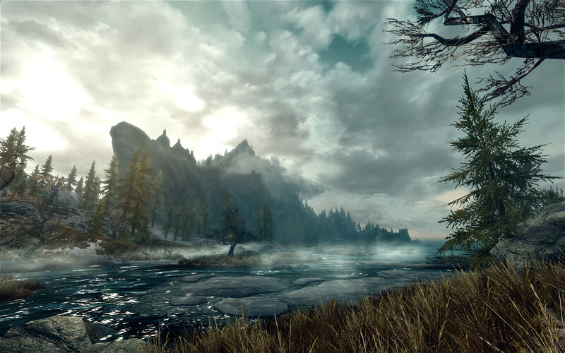 River Flowing Through Forest — Gray