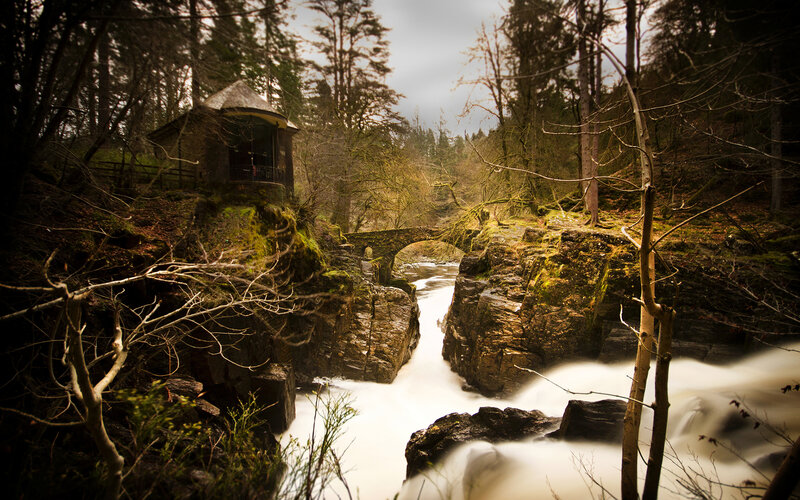 River Flowing Through Forest — Green, Dramatic, Autumn, Photograph