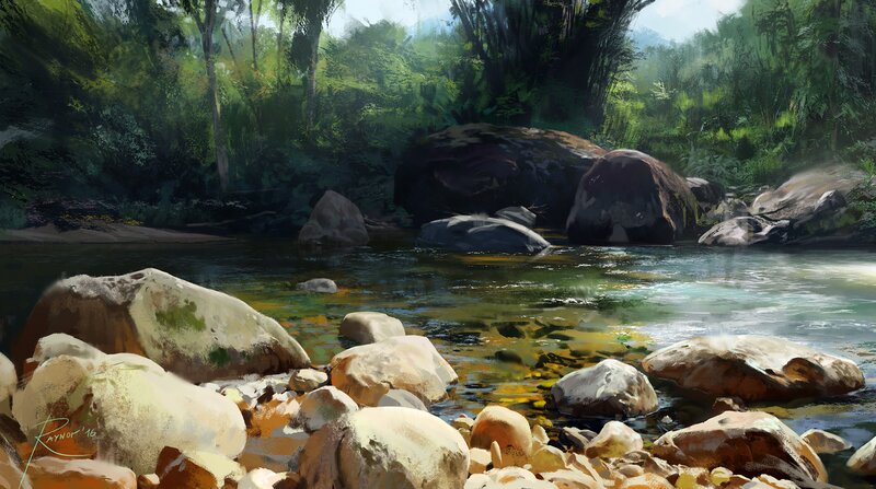 River Flowing Through Forest — Green, Serene, Afternoon, Digital Art
