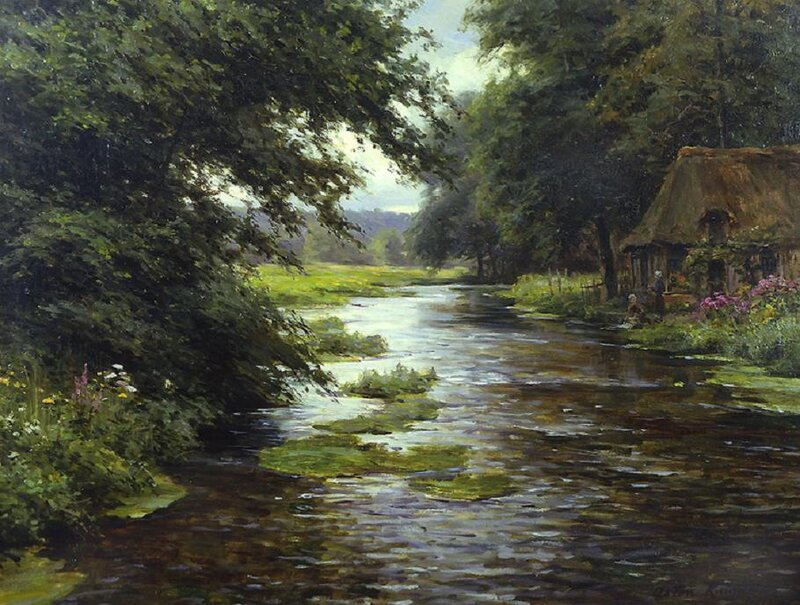 River Flowing Through Forest — Green, Serene, Afternoon, Painting, Cottage