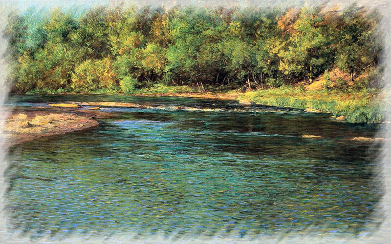 River Flowing Through Forest — Green, Serene, Afternoon, Painting