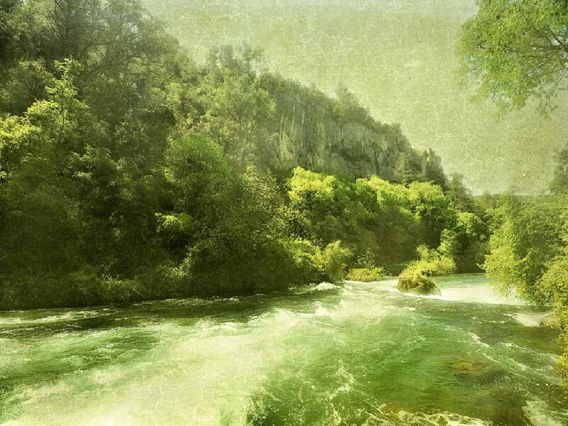 River Flowing Through Forest — Green, Serene, Afternoon, Photograph, Trees, Cliff