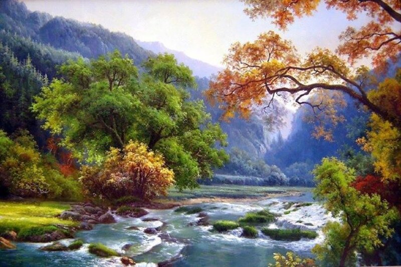 River Flowing Through Forest — Green, Serene, Autumn, Painting