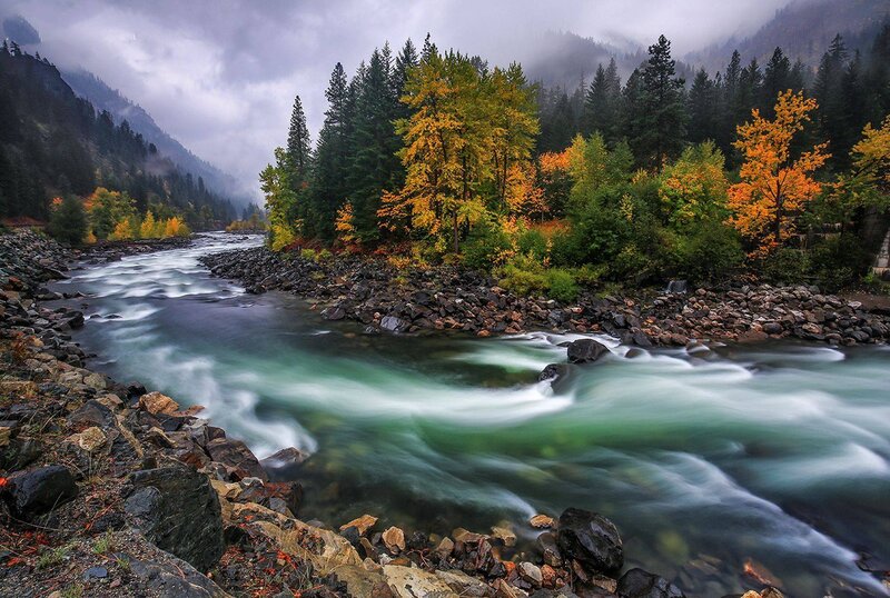 River Flowing Through Forest — Green, Serene, Autumn, Photograph, Trees, Rocks, Mountains